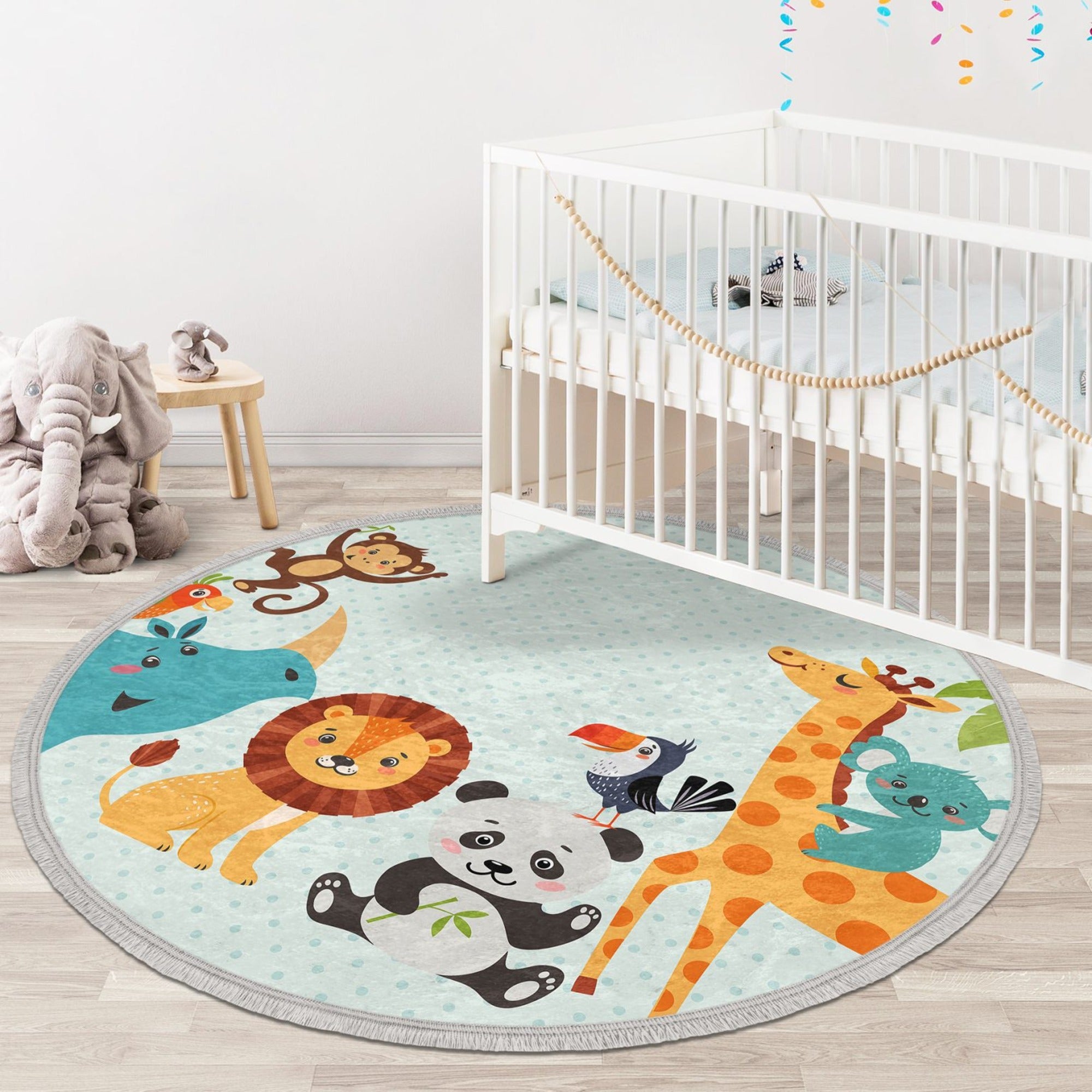 Animal Patterned Kids Room Circle Carpet featuring lion, giraffe, panda, and monkey designs in vibrant colors.