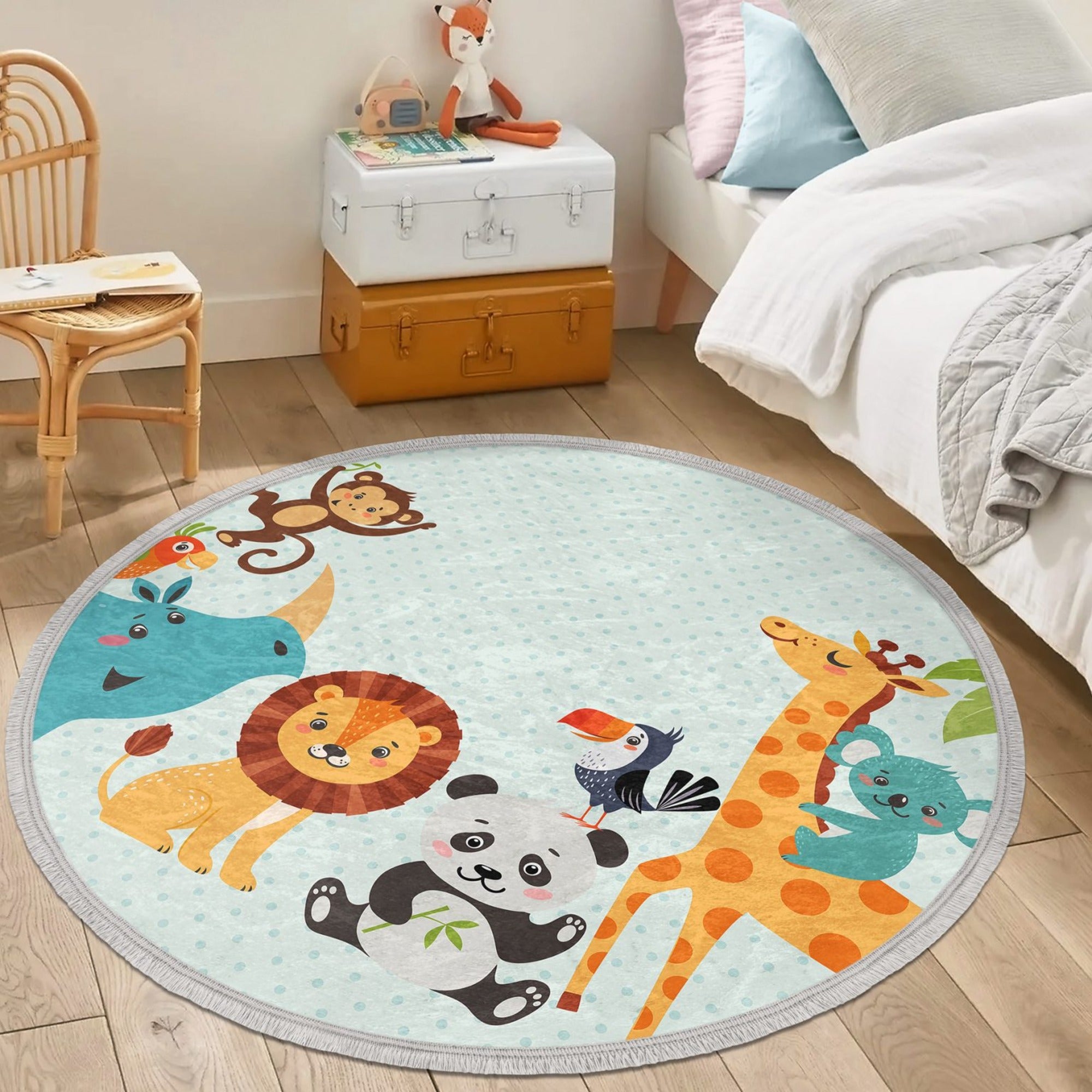 Animal Patterned Kids Room Circle Carpet featuring lion, giraffe, panda, and monkey designs in vibrant colors.