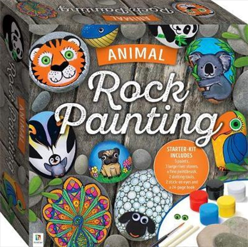 Animal Rock Painting Box Set featuring colorful paints, rocks, and instructional booklet for crafting pet rocks.