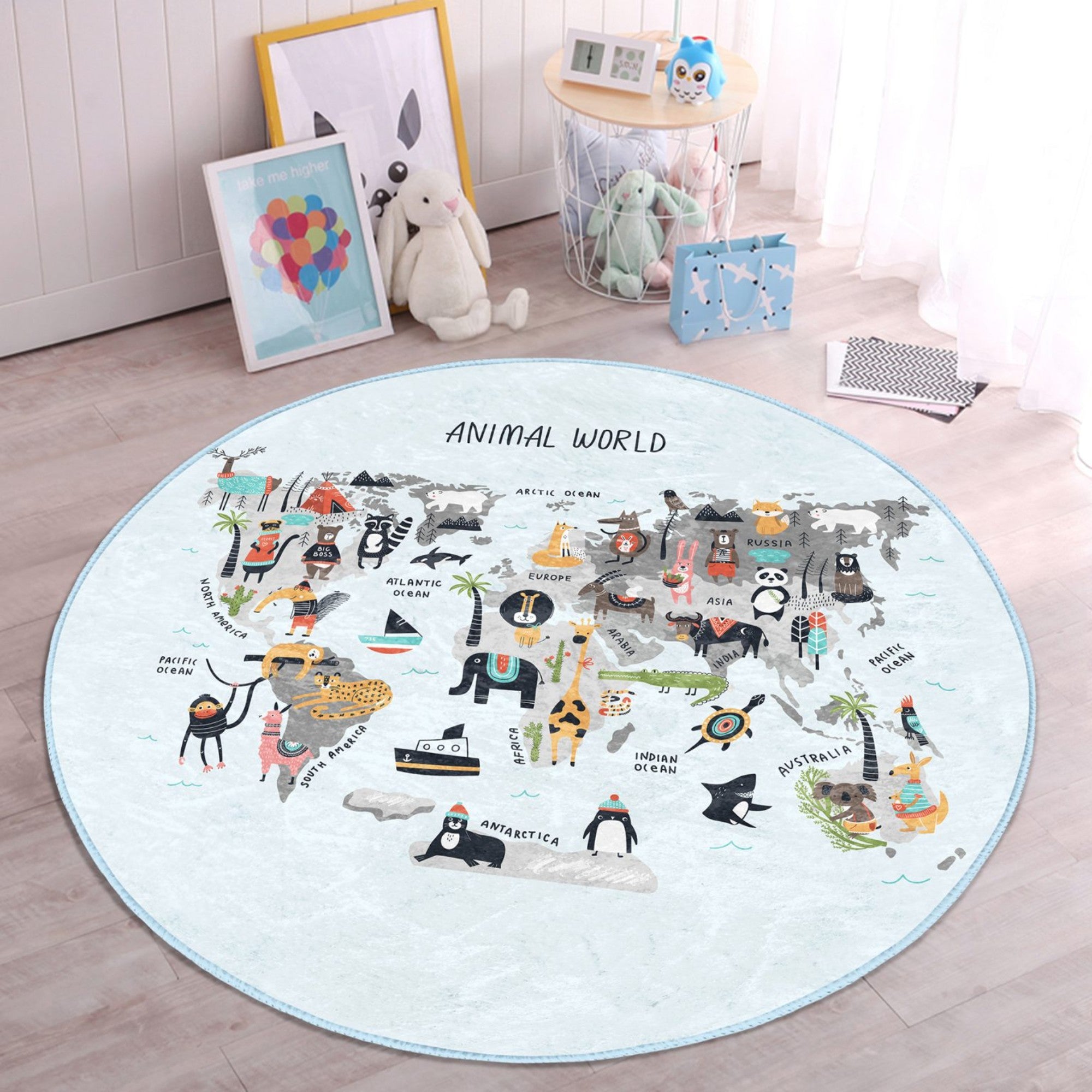 Colorful Animal World Maps Kids Rug featuring various animals and habitats, designed for children's rooms, soft and washable.