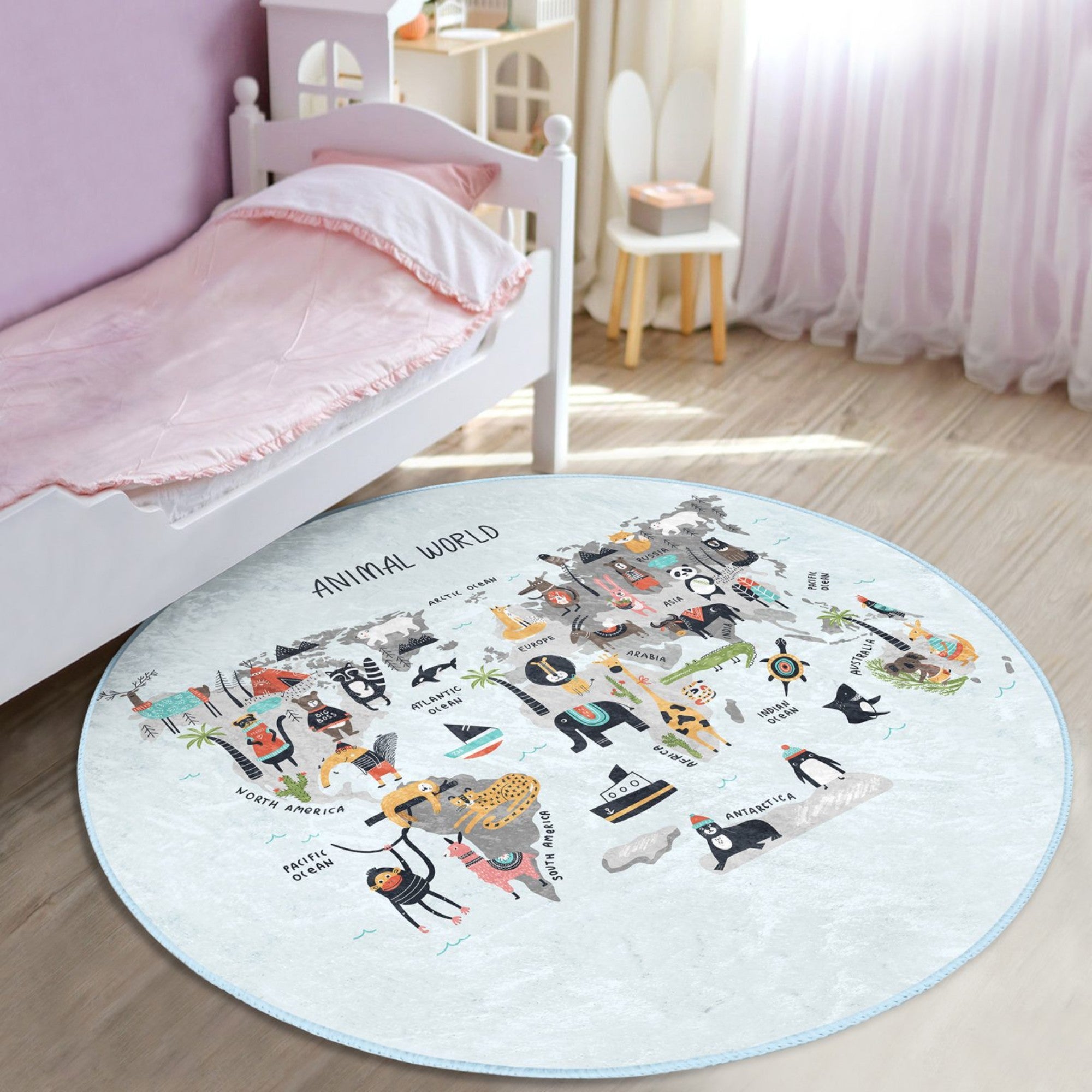 Colorful Animal World Maps Kids Rug featuring various animals and habitats, designed for children's rooms, soft and washable.