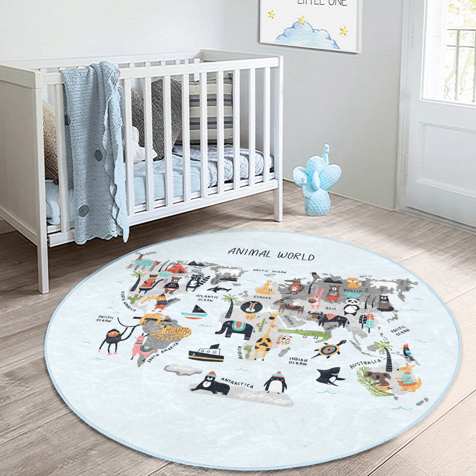 Colorful Animal World Maps Kids Rug featuring various animals and habitats, designed for children's rooms, soft and washable.