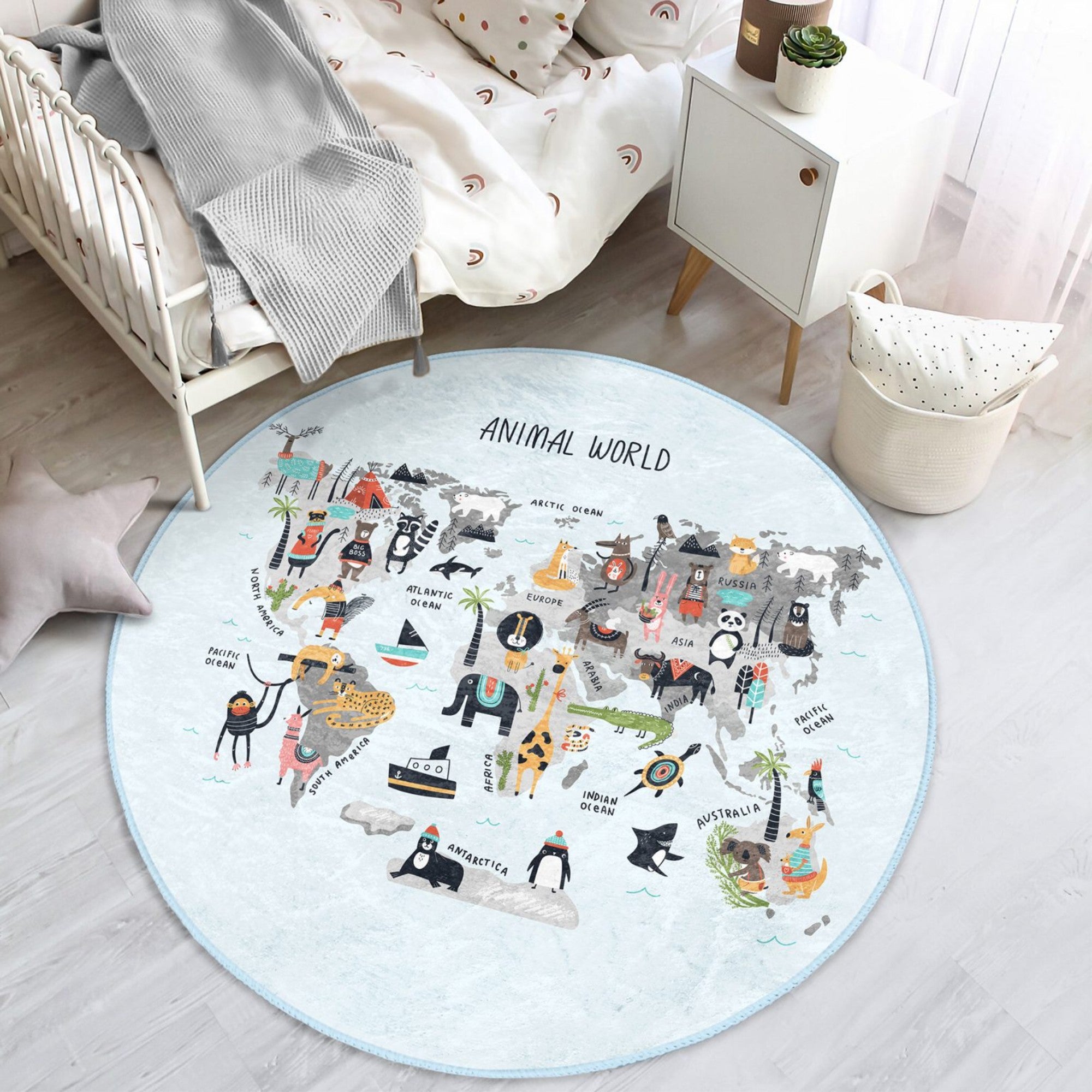 Colorful Animal World Maps Kids Rug featuring various animals and habitats, designed for children's rooms, soft and washable.