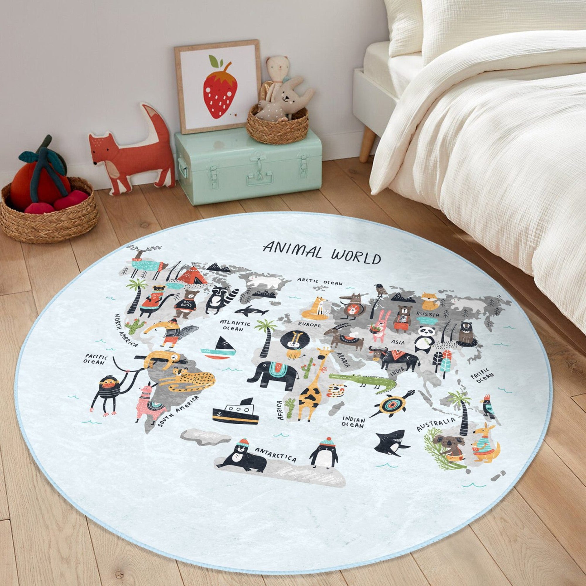 Colorful Animal World Maps Kids Rug featuring various animals and habitats, designed for children's rooms, soft and washable.