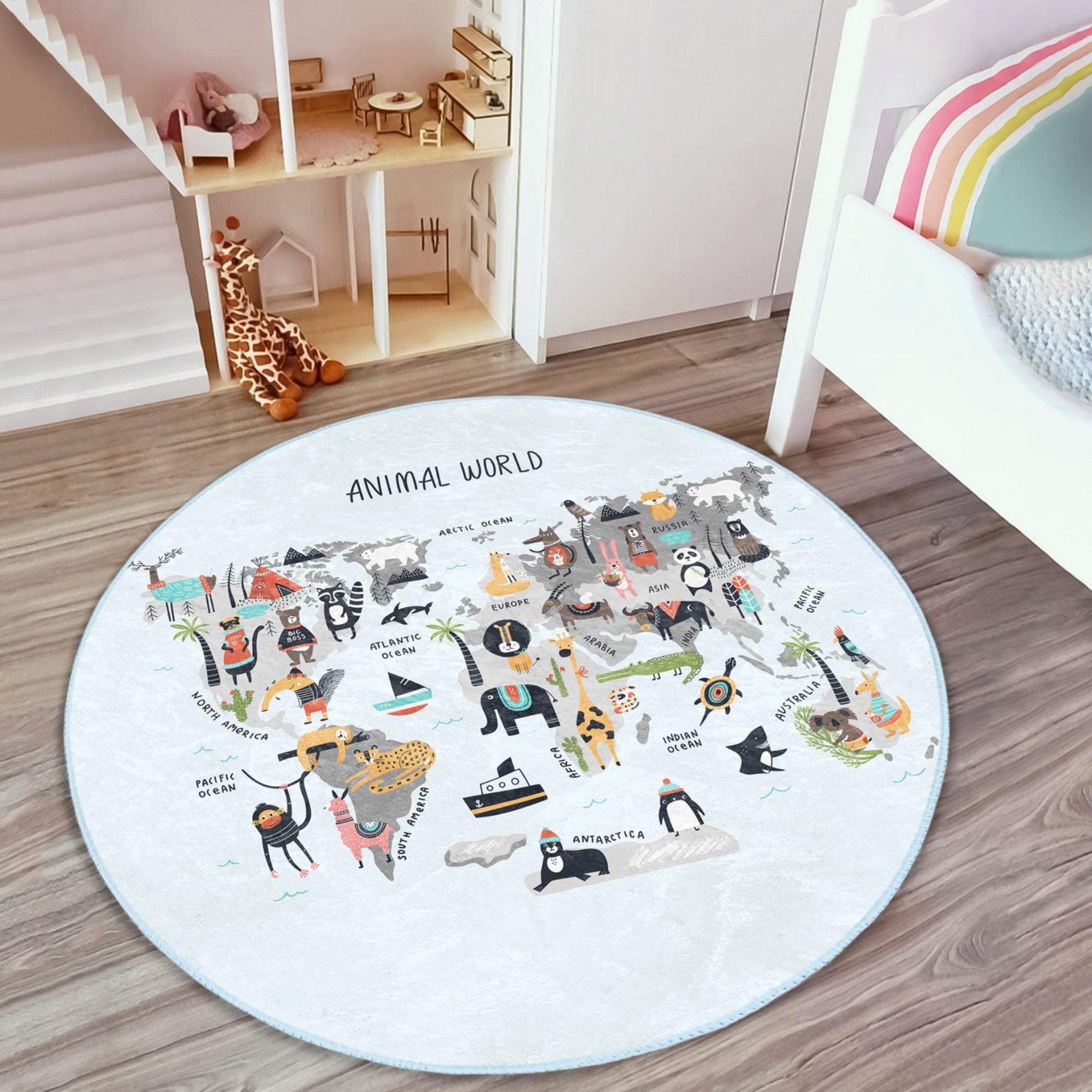 Colorful Animal World Maps Kids Rug featuring various animals and habitats, designed for children's rooms, soft and washable.