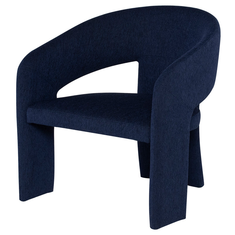 Anise Occasional Chair in True Blue featuring a unique three-legged design and plush boucle fabric.