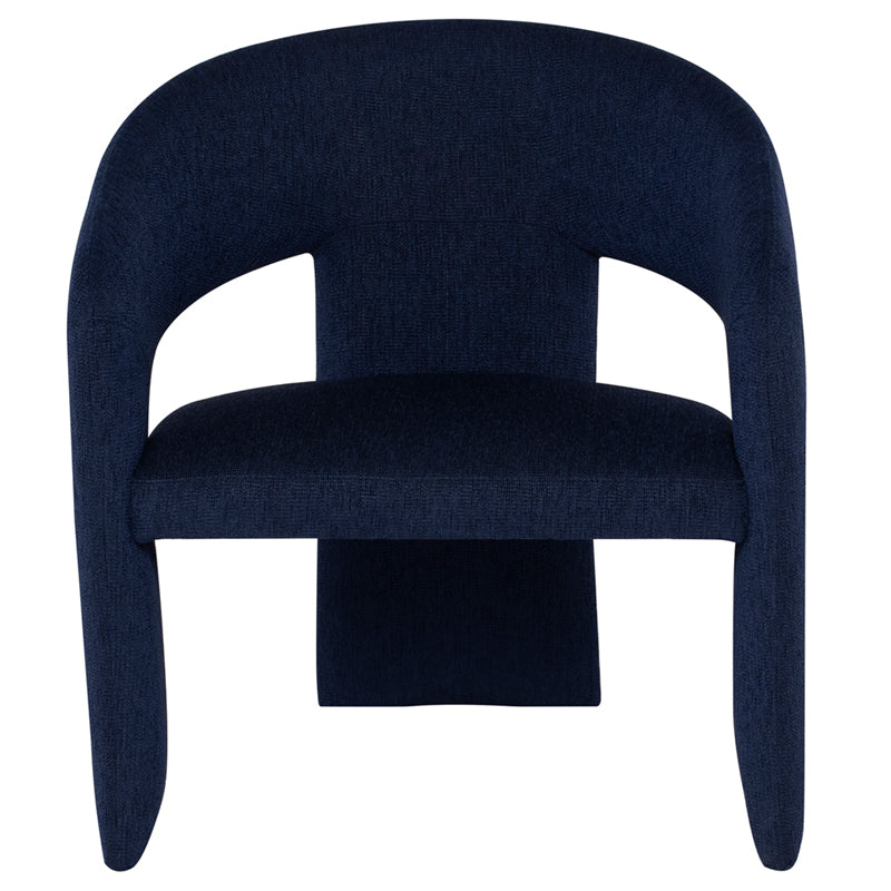 Anise Occasional Chair in True Blue featuring a unique three-legged design and plush boucle fabric.