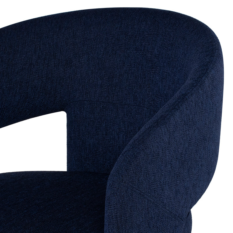 Anise Occasional Chair in True Blue featuring a unique three-legged design and plush boucle fabric.