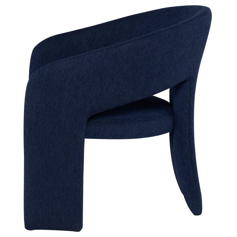 Anise Occasional Chair in True Blue featuring a unique three-legged design and plush boucle fabric.