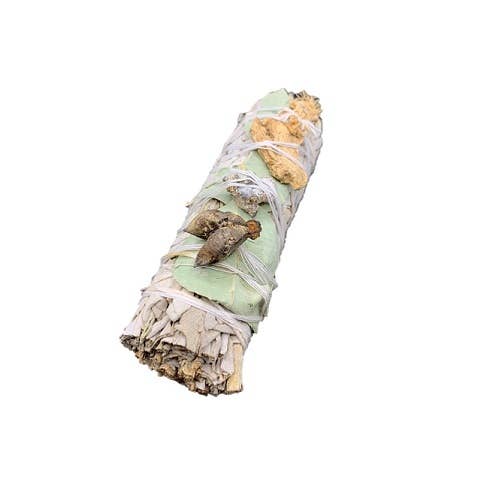 A 4-inch smudge bundle made from White Sage, Star Anise, Copal Resin, and Ginger, showcasing its natural textures and colors.