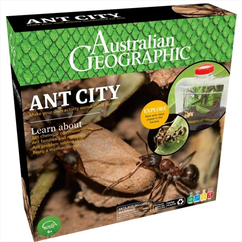 Ant City Australian Geographic Educational Toy showcasing a transparent habitat filled with ants, tunnels, and educational features for children.