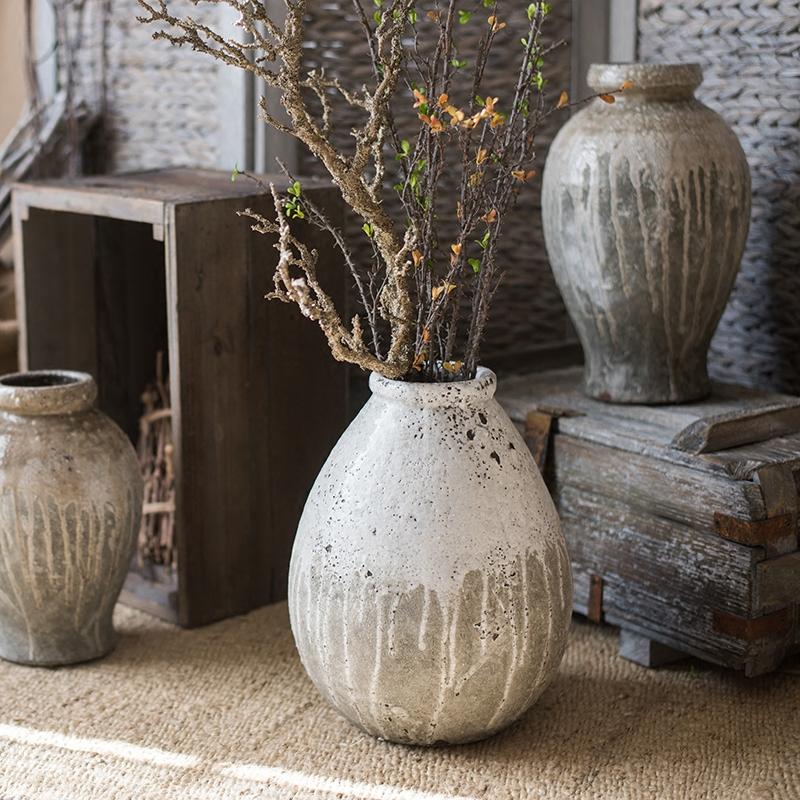 Antique Coarse Pottery Large Flower Pot in khaki, tan, and brown colors, showcasing its unique handmade texture and design.