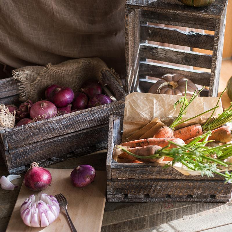 Antique Rectangular Wood Crates in natural brown color, showcasing their rustic charm and sturdy design, perfect for storage and decoration.