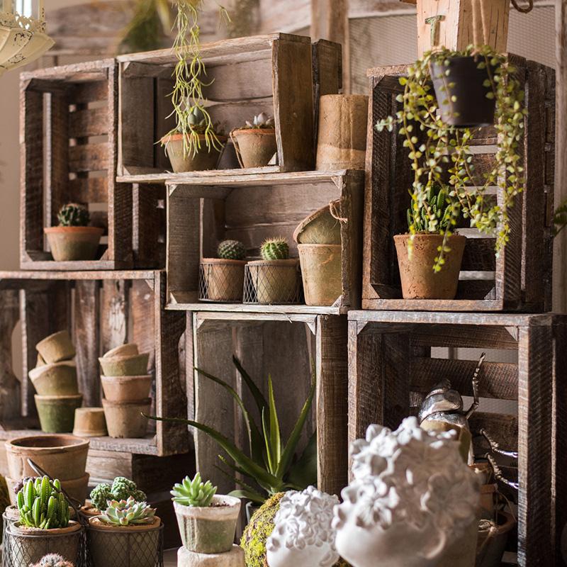 Antique Rectangular Wood Crates in natural brown color, showcasing their rustic charm and sturdy design, perfect for storage and decoration.