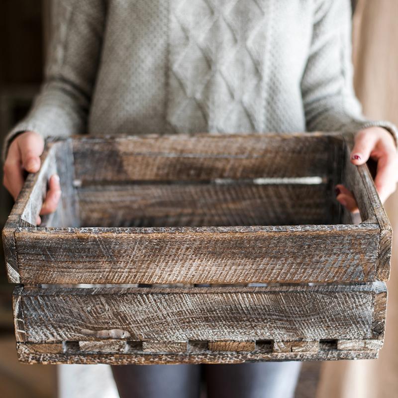 Antique Rectangular Wood Crates in natural brown color, showcasing their rustic charm and sturdy design, perfect for storage and decoration.