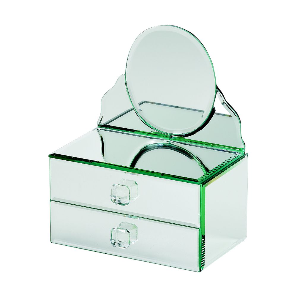 Aphrodite Box featuring two drawers and an elegant oval mirror, crafted from beveled mirrors with crystal pulls.