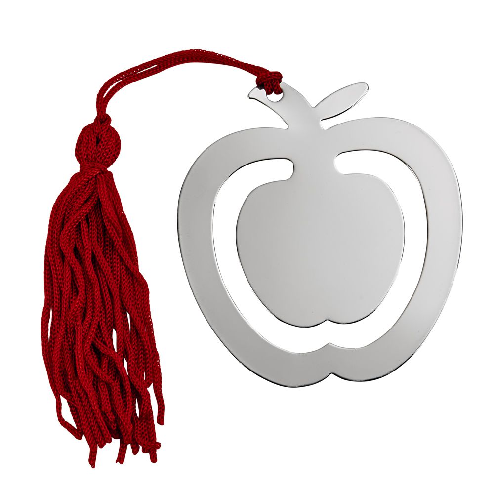 An elegant apple shaped bookmark with a red tassel, beautifully gift boxed.