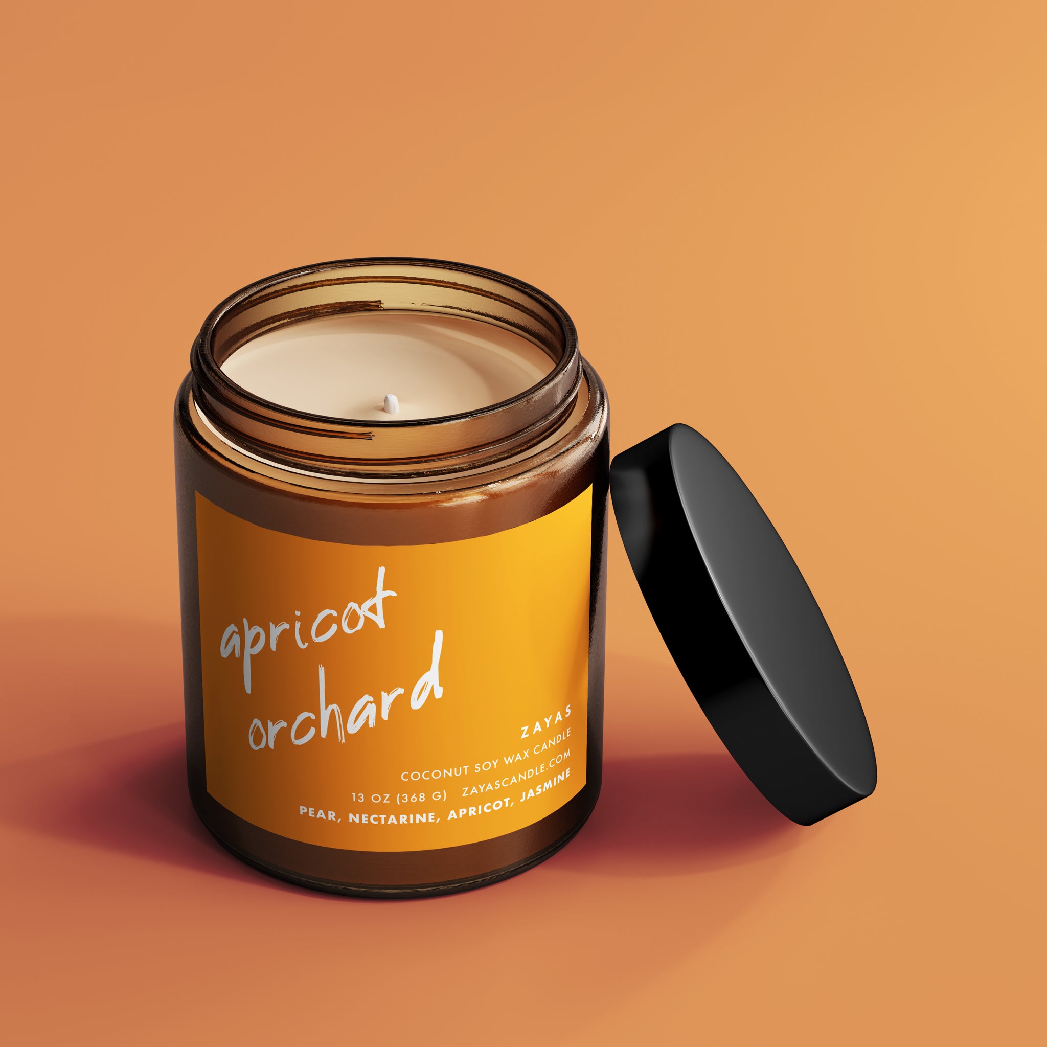 Apricot Orchard candle in a reusable glass jar, featuring a cotton wick and rich fruity floral scents.