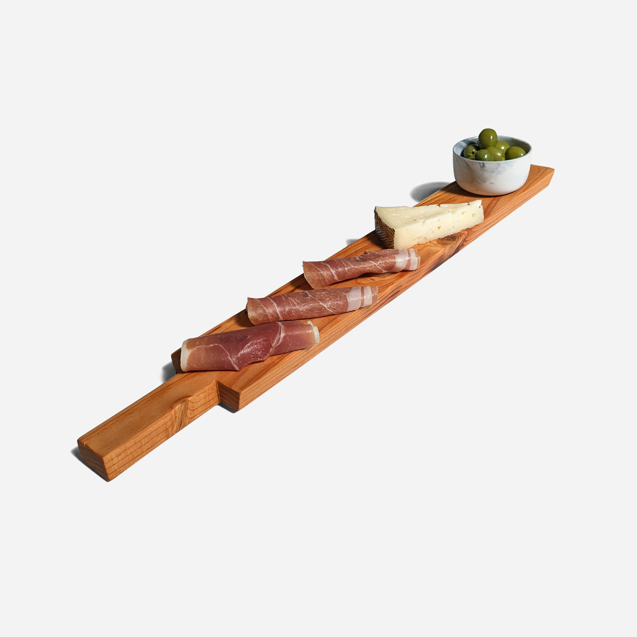 Appy charcuterie board with built-in handle, showcasing natural wood grain and sleek design, perfect for serving appetizers.