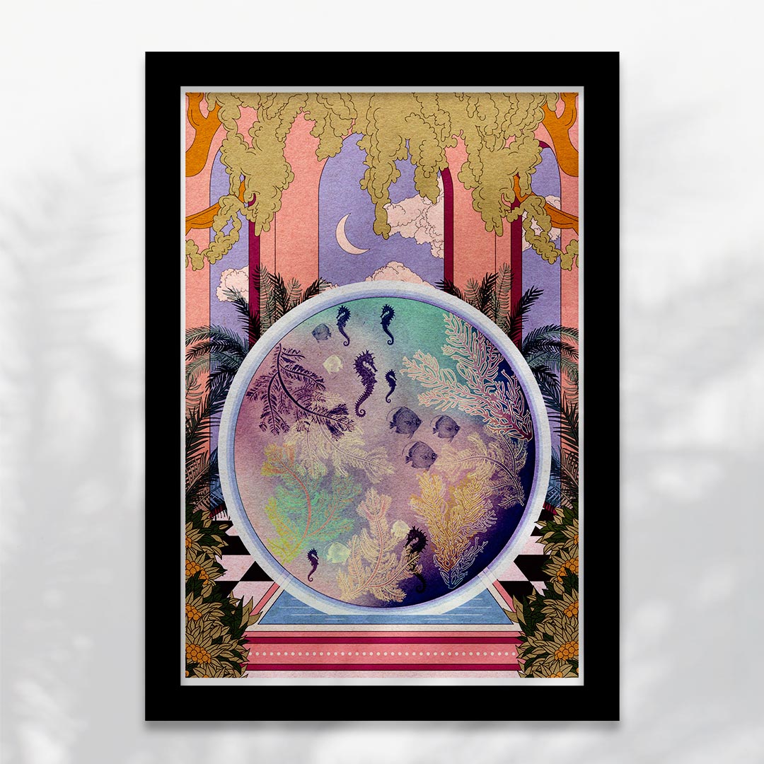 Aqua Palace Art Print featuring a whimsical underwater scene with seahorses and fish in a large glass aquarium.