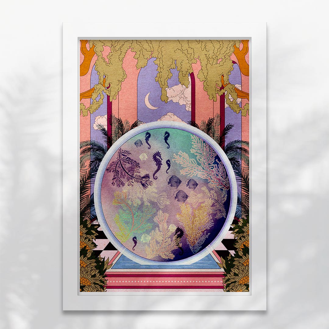 Aqua Palace Art Print featuring a whimsical underwater scene with seahorses and fish in a large glass aquarium.