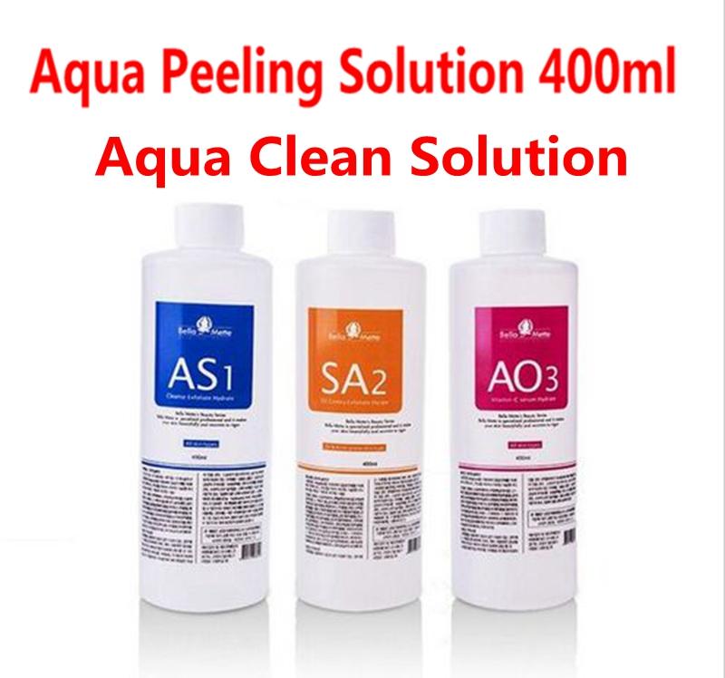 Aqua Peeling Solution bottles, 400ml each, showcasing a hydra facial serum for gentle exfoliation and skin nourishment.