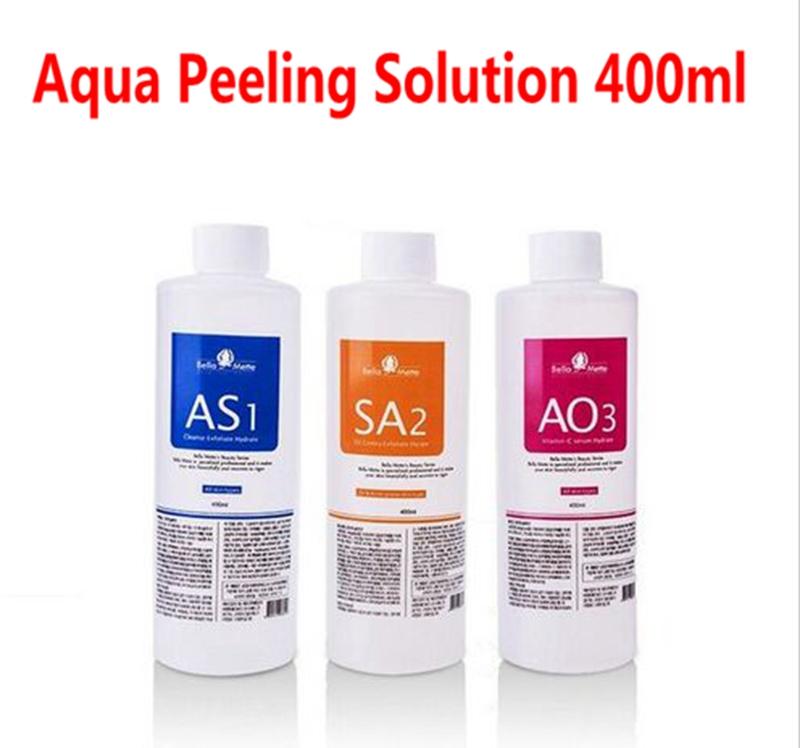 Aqua Peeling Solution bottles, 400ml each, showcasing a hydra facial serum for gentle exfoliation and skin nourishment.