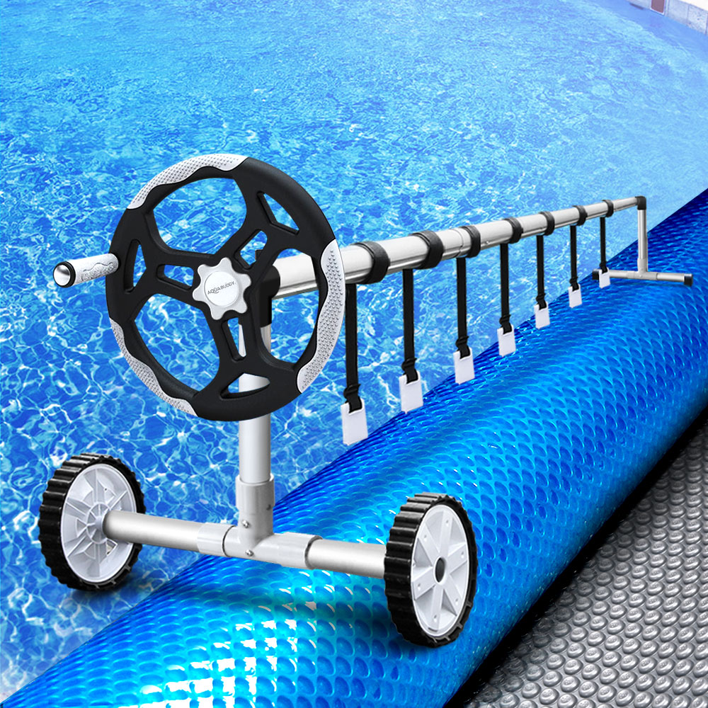 Aquabuddy Pool Cover Roller with 500 Micron solar blanket, showcasing its sturdy aluminium construction and adjustable design.