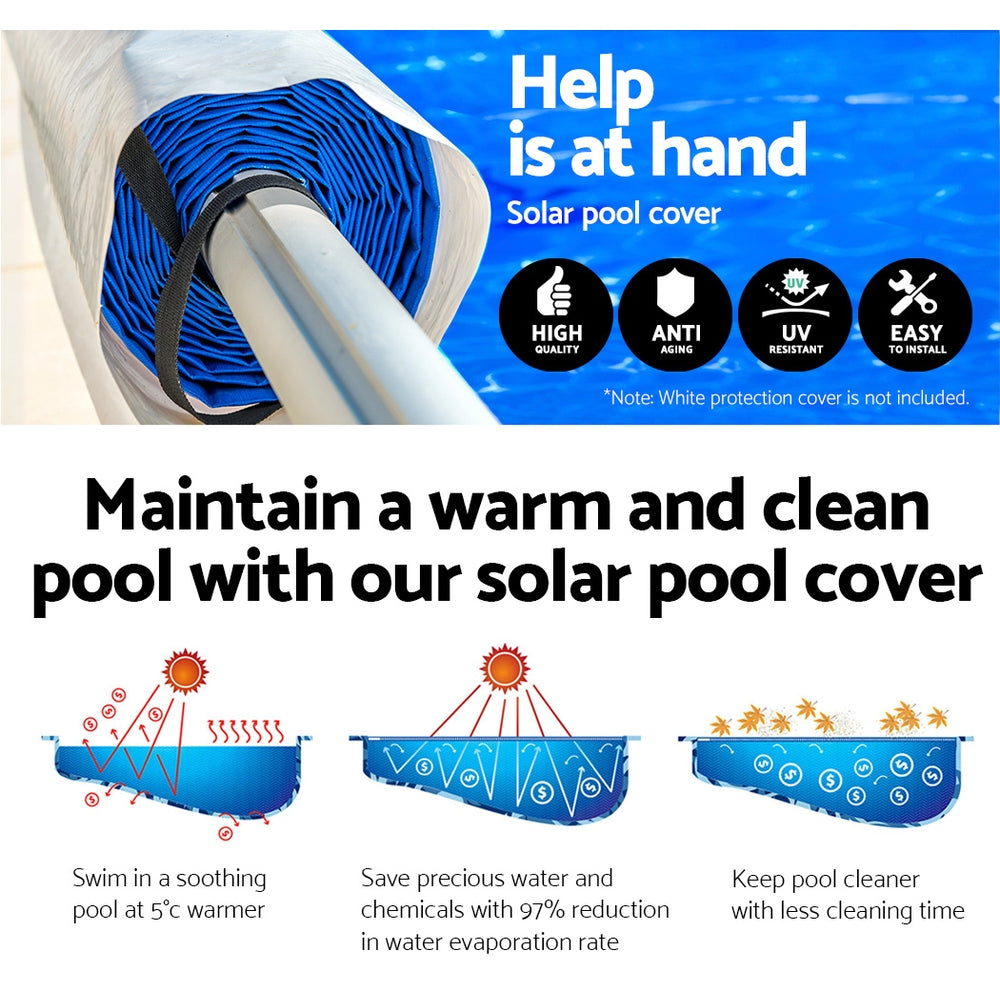 Aquabuddy Pool Cover Roller with 500 Micron solar blanket, showcasing its sturdy aluminium construction and adjustable design.