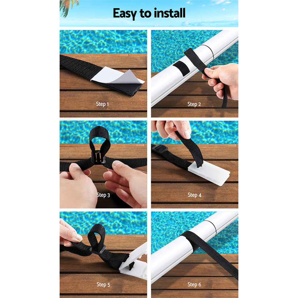 Aquabuddy Pool Cover Roller Attachment Straps Kit including 8 nylon straps, buckles, and clips for secure pool cover attachment.