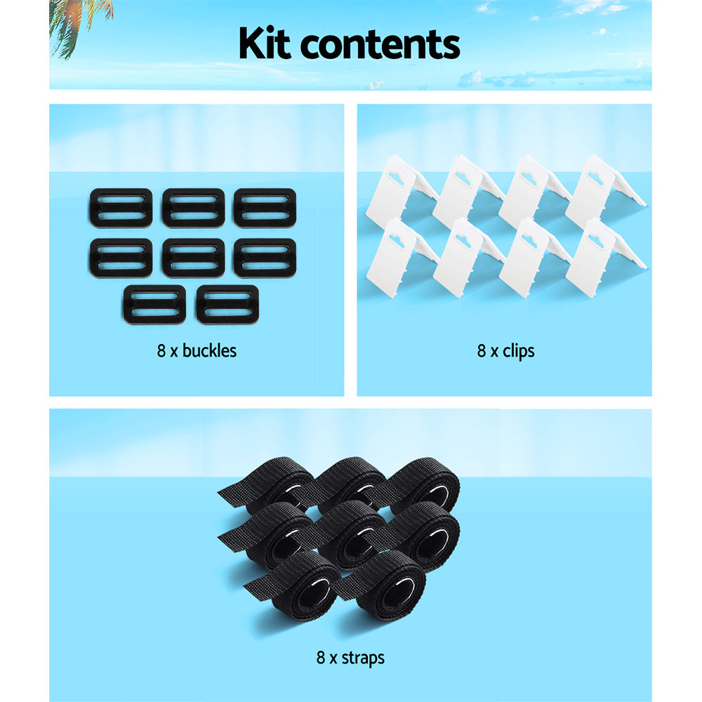 Aquabuddy Pool Cover Roller Attachment Straps Kit including 8 nylon straps, buckles, and clips for secure pool cover attachment.