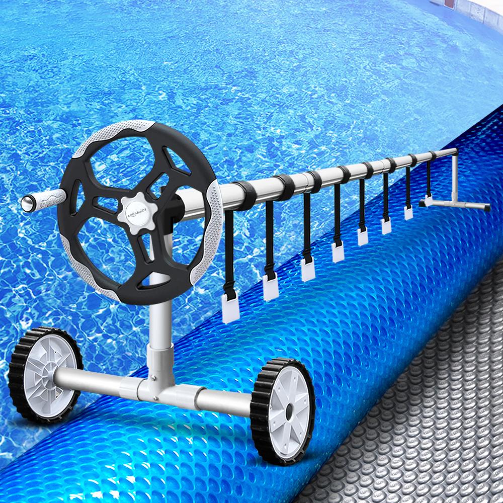 Aquabuddy Solar Swimming Pool Cover Roller with adjustable aluminium construction and blue solar cover, designed for easy operation and maintenance.