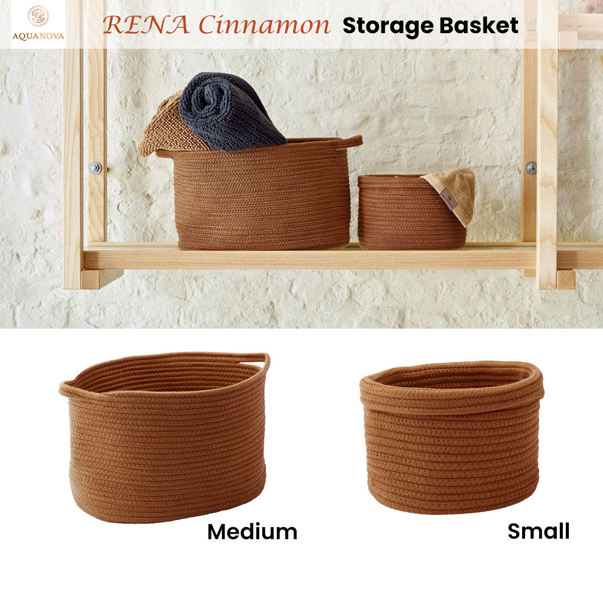 Aquanova RENA Cinnamon Storage Basket in soft color hue, made from cotton and polyester, ideal for organizing small items.