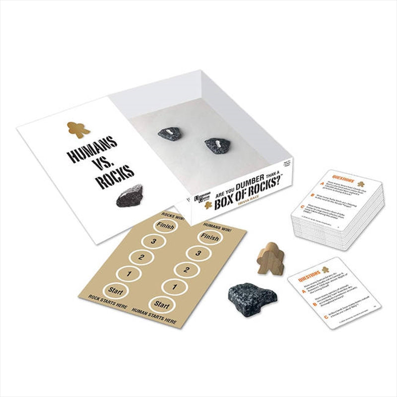 A colorful box of the trivia game 'Are You Dumber Than A Box of Rocks' featuring fun graphics and question cards.