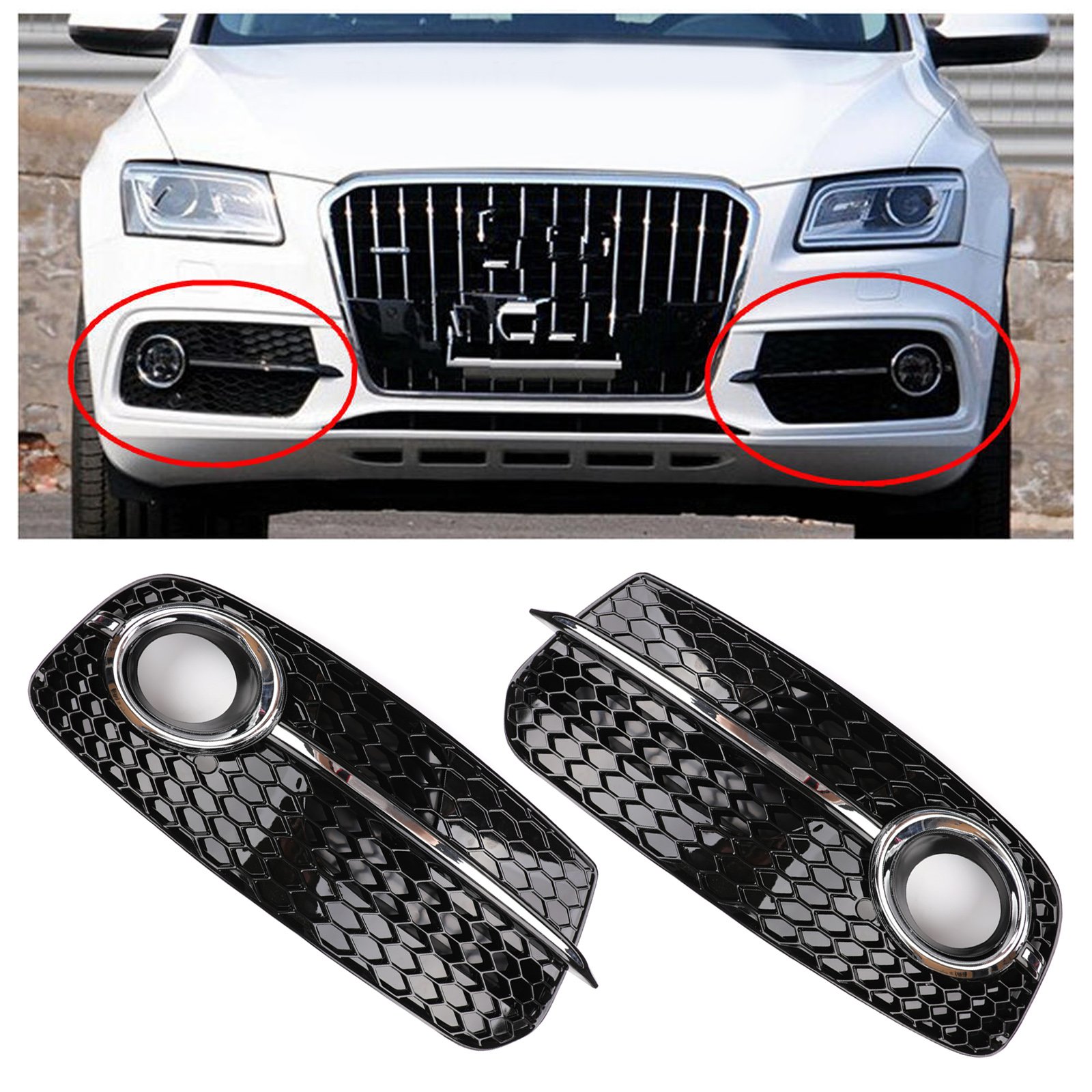 Areyourshop Front Bumper Fog Light Grille for Audi Q5, featuring a sleek black design with chrome accents, suitable for 2013-2016 models.