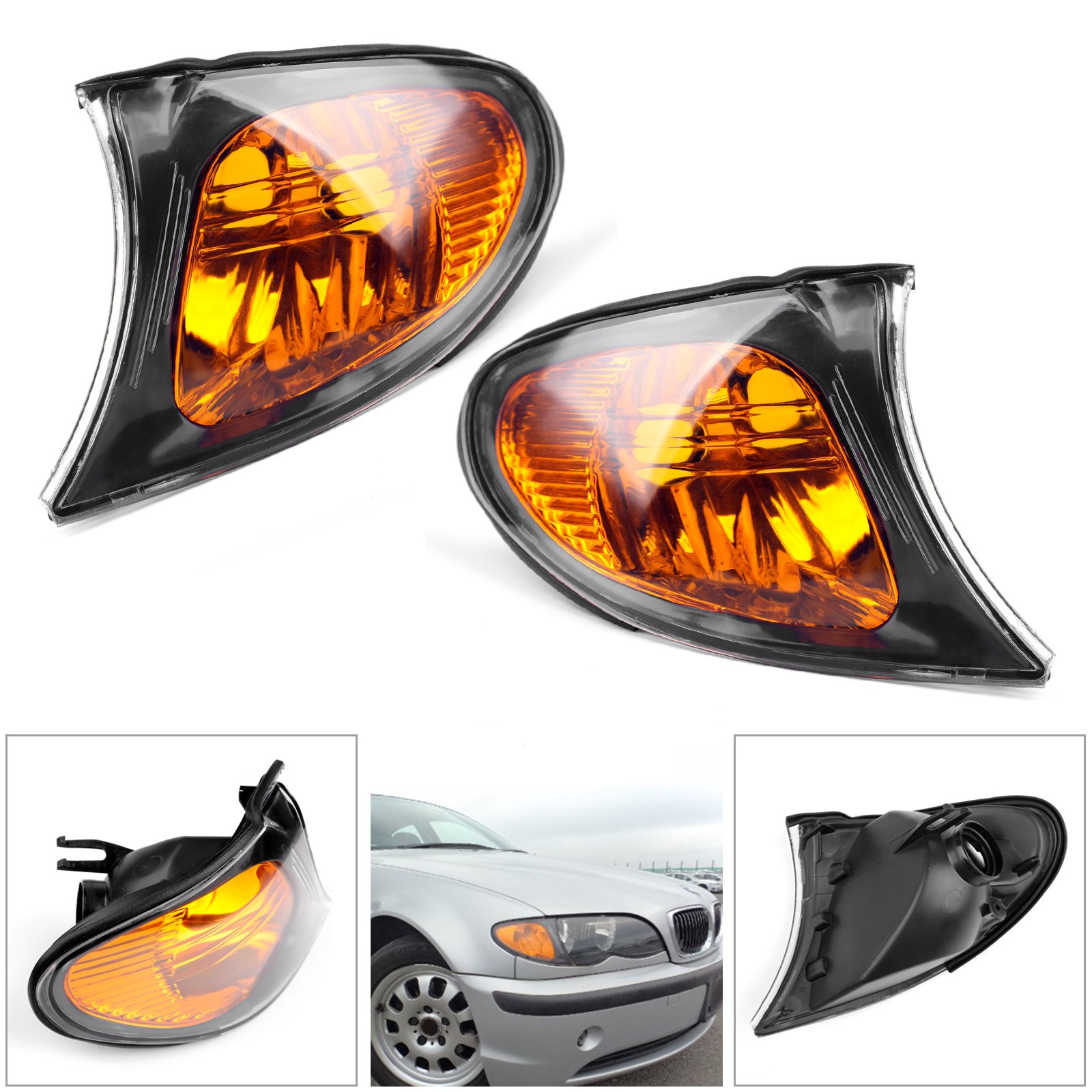 Areyourshop Front Indicator Turn Signal Yellow Corner Lights for BMW 3 Series, featuring a black shell and yellow lens for enhanced visibility.