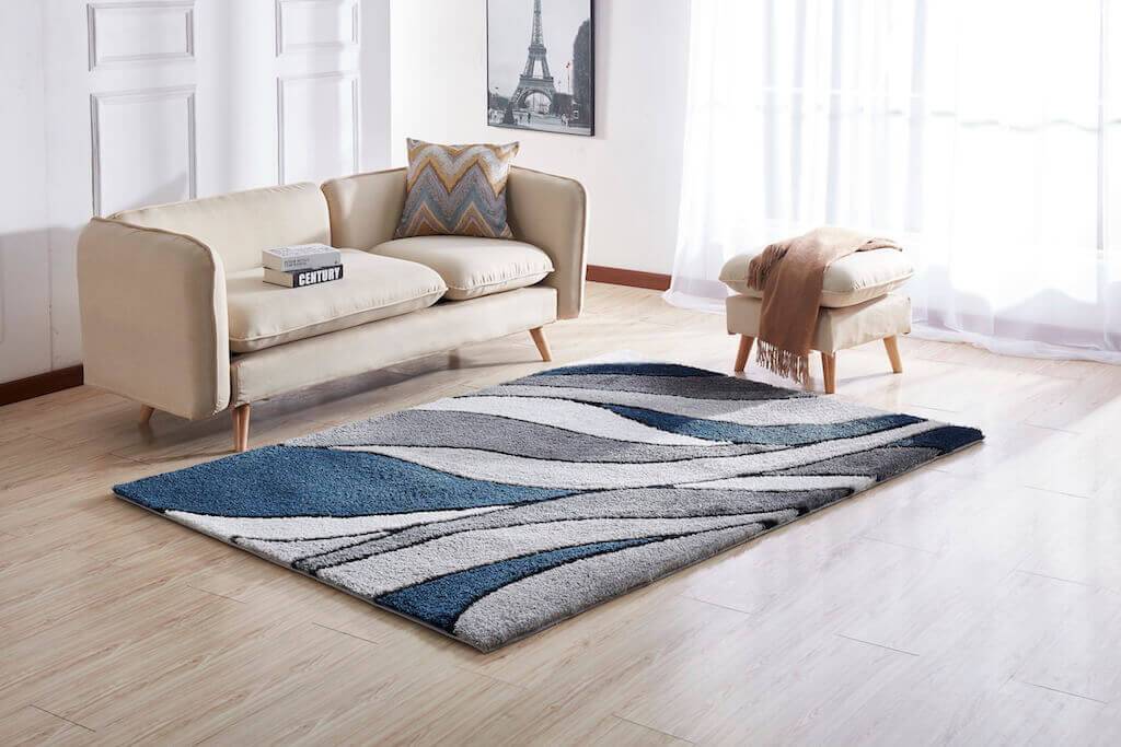 Aria Blue & Gray Soft Pile Shaggy Area Rug showcasing a plush texture and modern design, perfect for enhancing home decor.