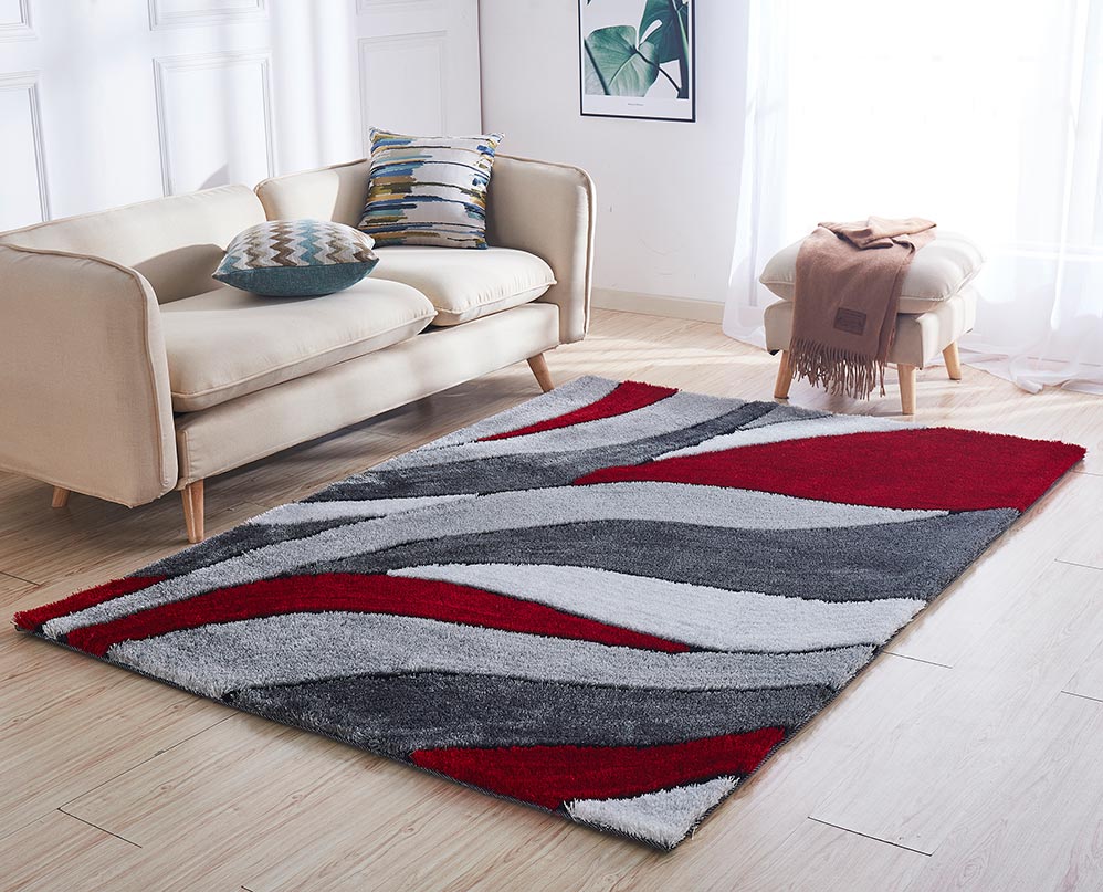 Aria Red & Gray Soft Pile Shaggy Area Rug showcasing a modern design with a plush texture, perfect for enhancing home decor.