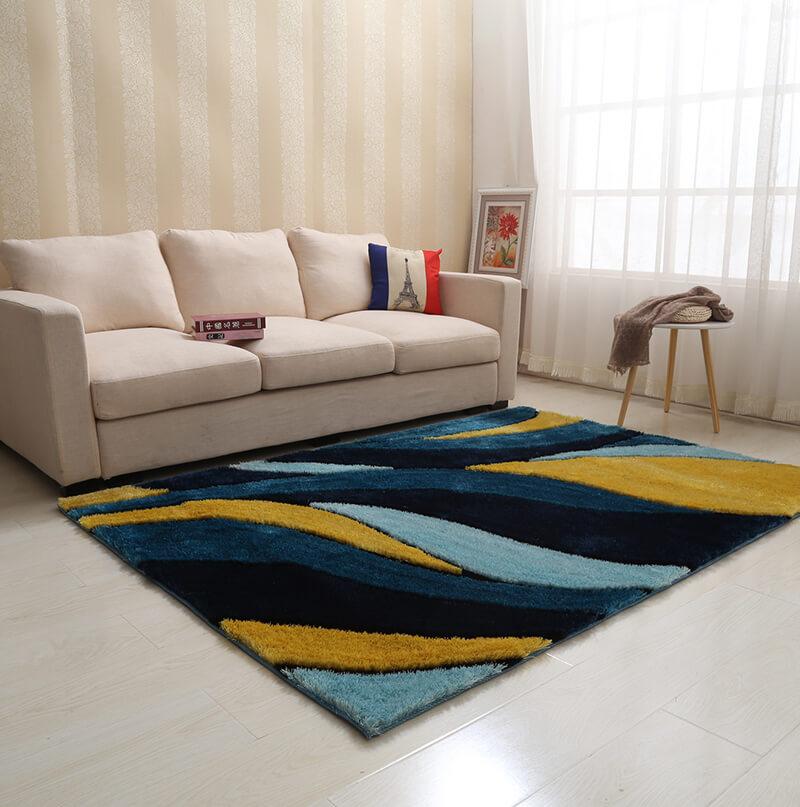 Aria Yellow and Blue Shag Area Rug showcasing soft shag texture and vibrant colors, perfect for modern home decor.