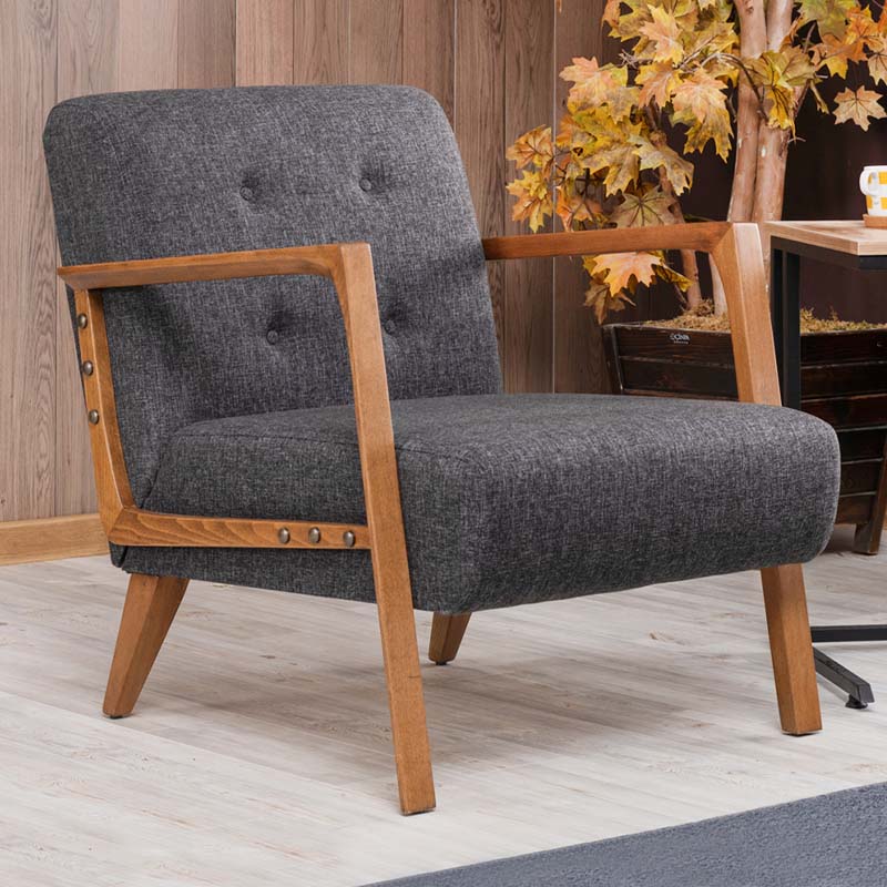 BUCKINGHAM Anthracite Armchair with natural beech wood legs, stylish and comfortable design.