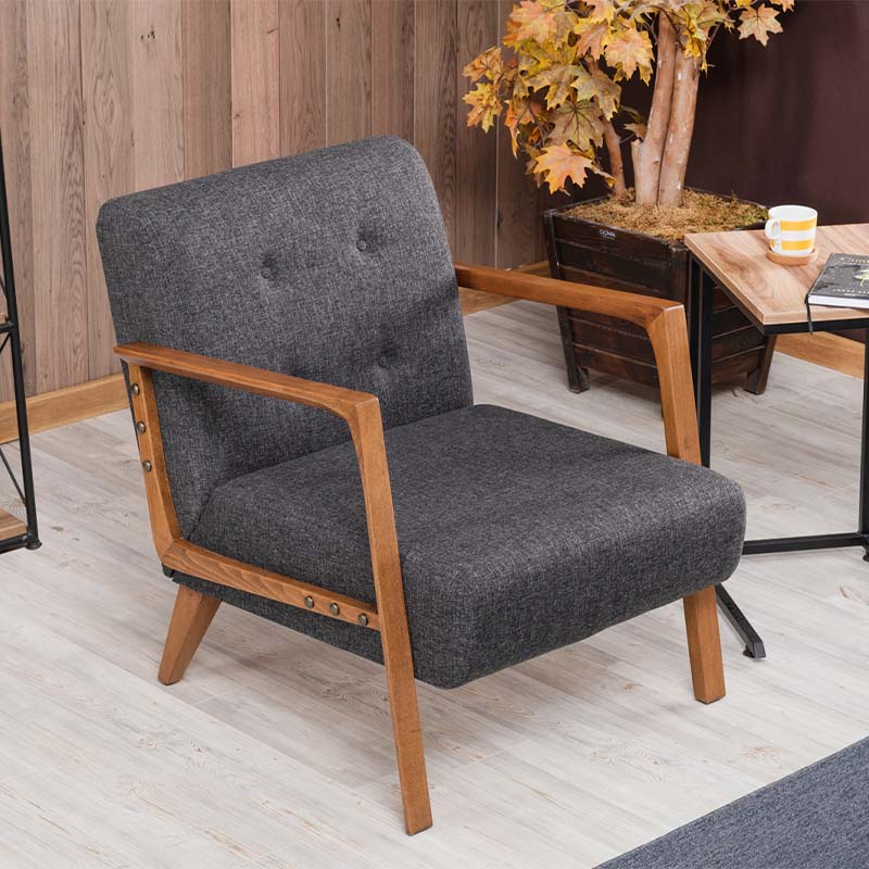 BUCKINGHAM Anthracite Armchair with natural beech wood legs, stylish and comfortable design.