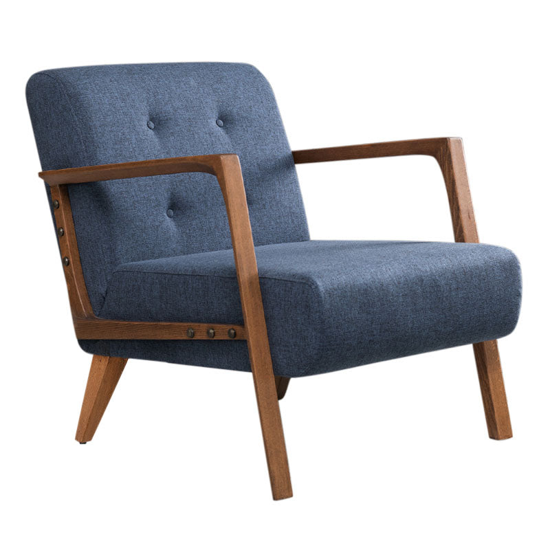 BUCKINGHAM Blue Armchair with brown accents and natural beech wood legs, measuring 67x76x78cm.