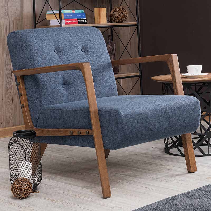 BUCKINGHAM Blue Armchair with brown accents and natural beech wood legs, measuring 67x76x78cm.