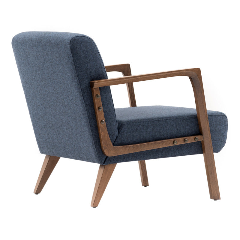 BUCKINGHAM Blue Armchair with brown accents and natural beech wood legs, measuring 67x76x78cm.