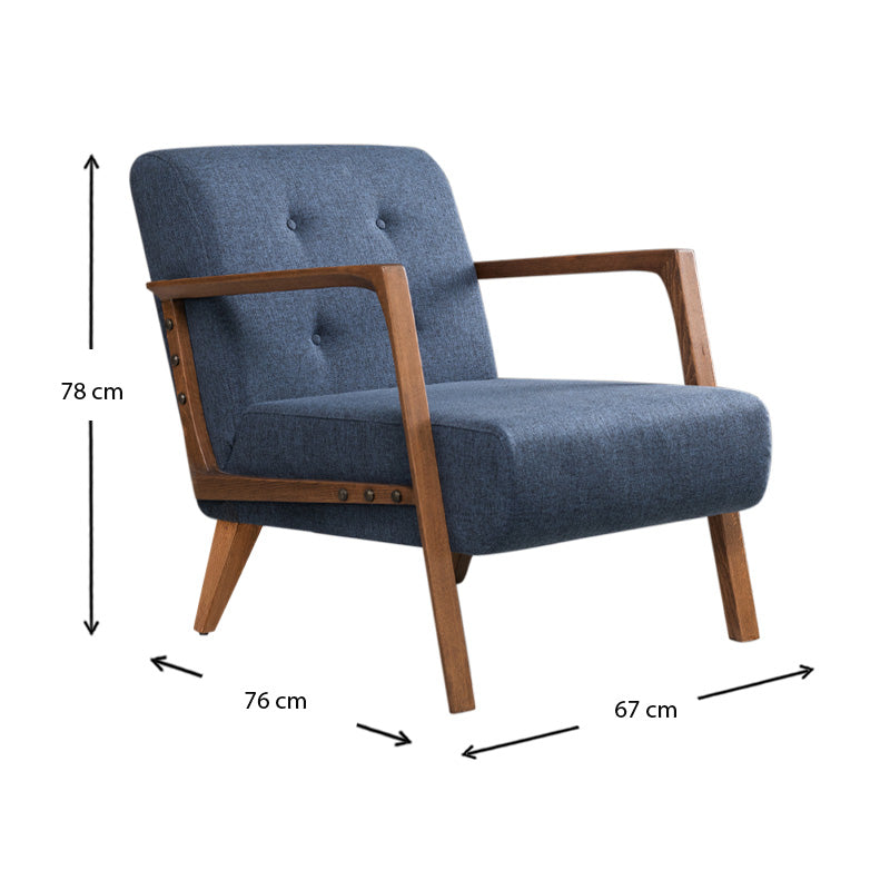 BUCKINGHAM Blue Armchair with brown accents and natural beech wood legs, measuring 67x76x78cm.