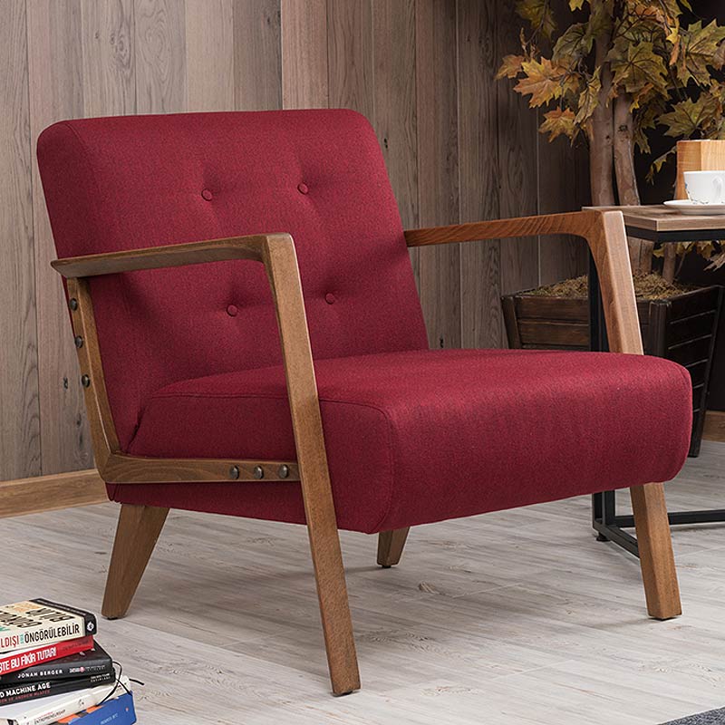 BUCKINGHAM Burgundy Armchair with natural beech wood legs, showcasing rich burgundy-brown upholstery.