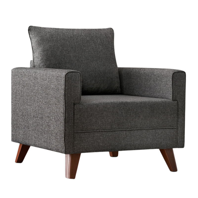 Armchair THOMAS in anthracite color, featuring a modern design with Easy Clean fabric and walnut wood look legs.