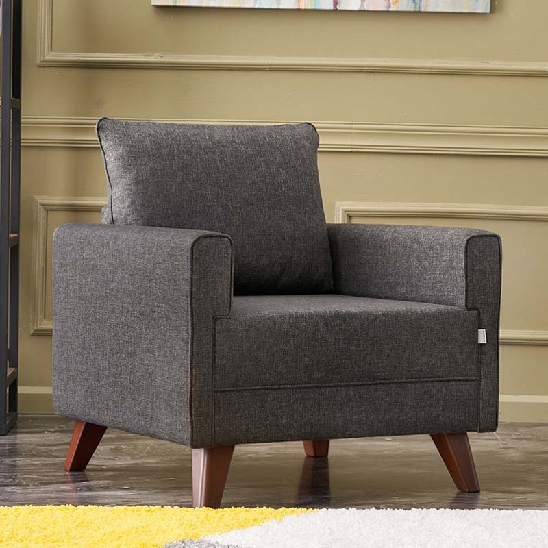 Armchair THOMAS in anthracite color, featuring a modern design with Easy Clean fabric and walnut wood look legs.