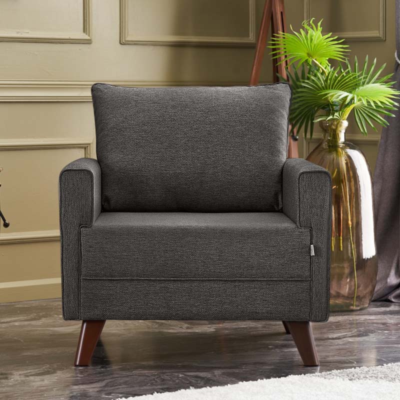 Armchair THOMAS in anthracite color, featuring a modern design with Easy Clean fabric and walnut wood look legs.