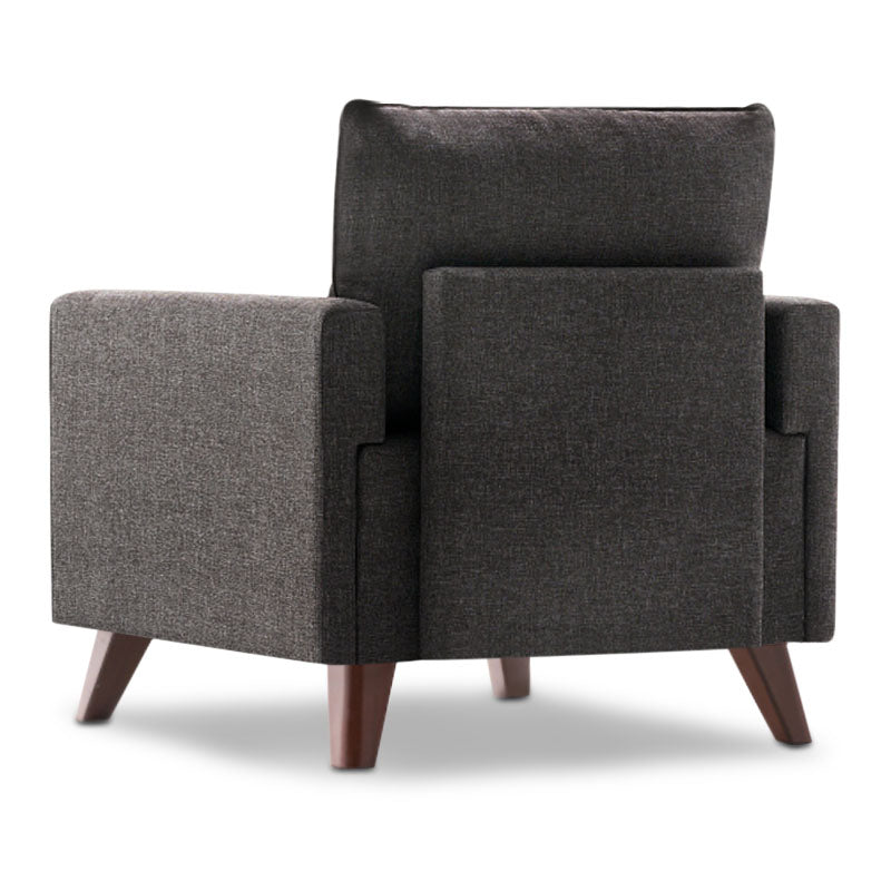 Armchair THOMAS in anthracite color, featuring a modern design with Easy Clean fabric and walnut wood look legs.